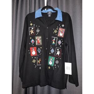 Ugly Christmas Sweater Black Cardigan with Festive Patches